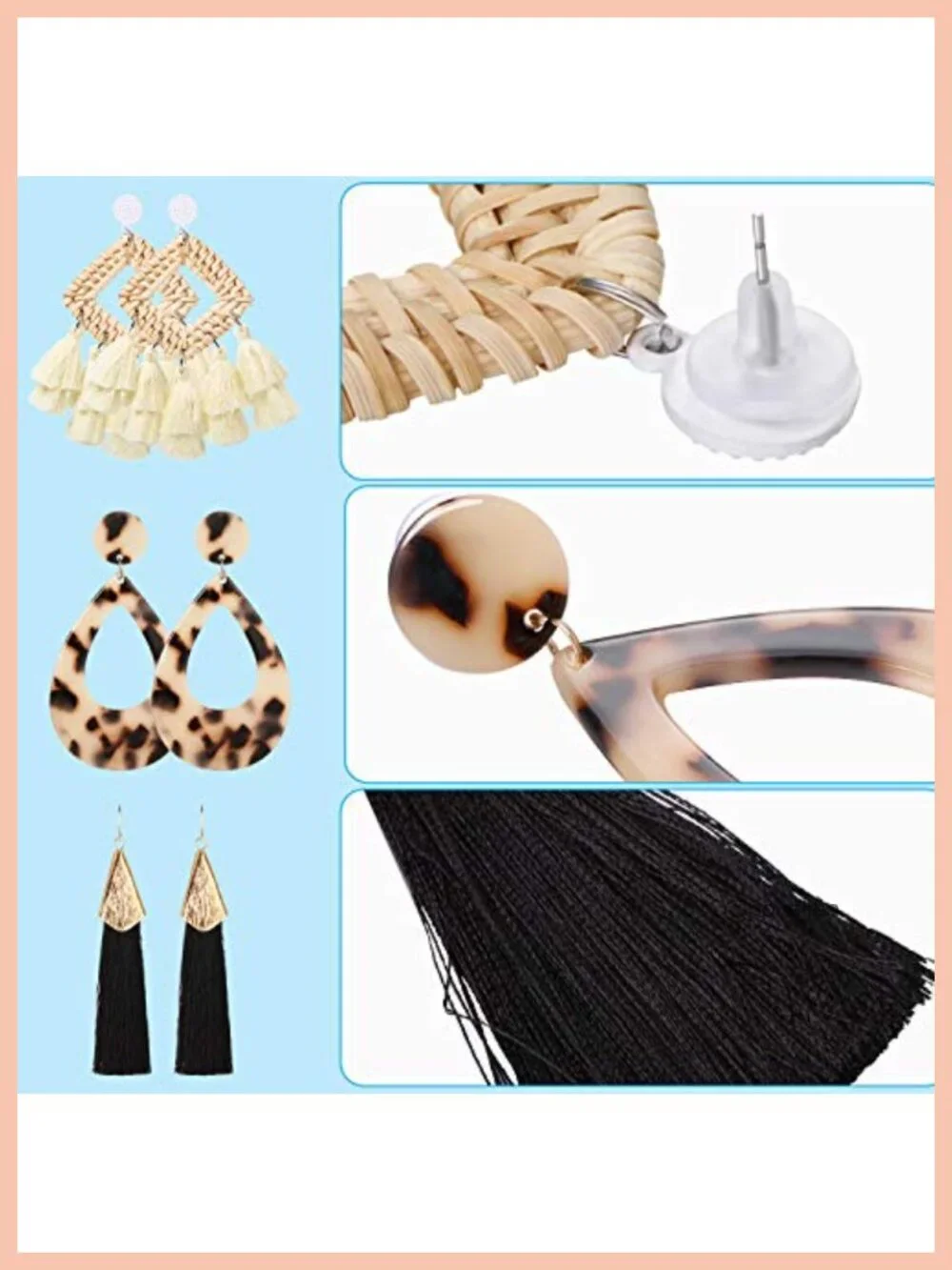 6 Pair Bohemian Rattan Straw Tassel Geometric Drop Dangle Earrings